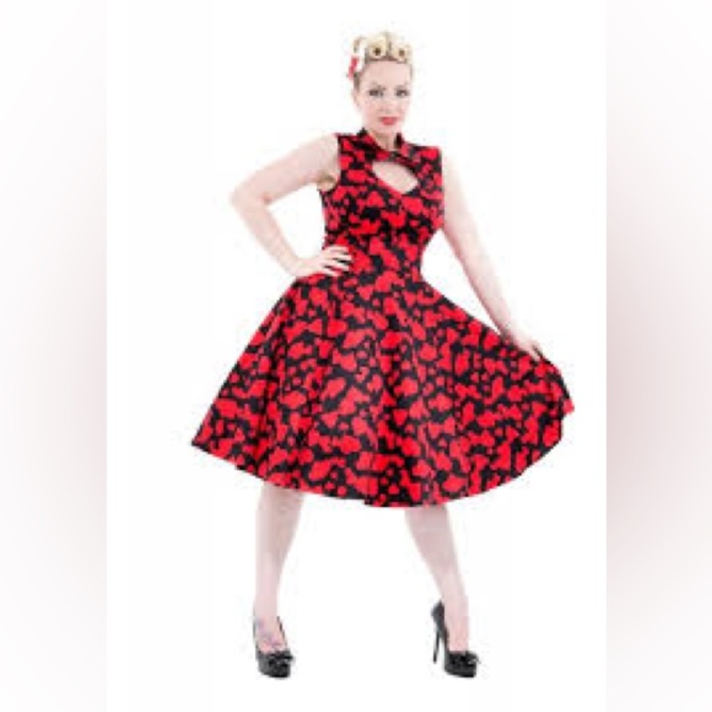 Hearts & Roses of London Black Red Loveheart Long Dress Size Small